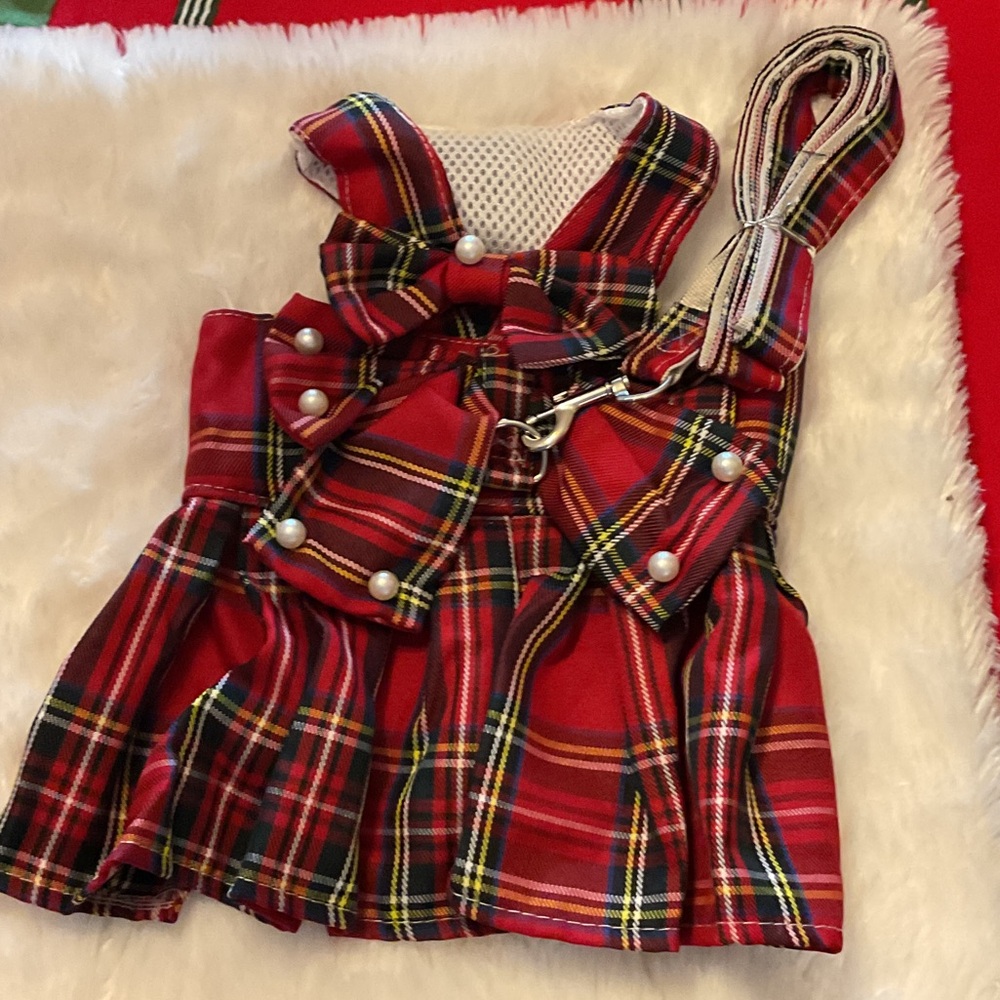 Red Plaid Dog Dress with Bow and a Matching Leash